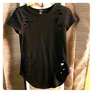 Cute short sleeve sweater, with distressed look.